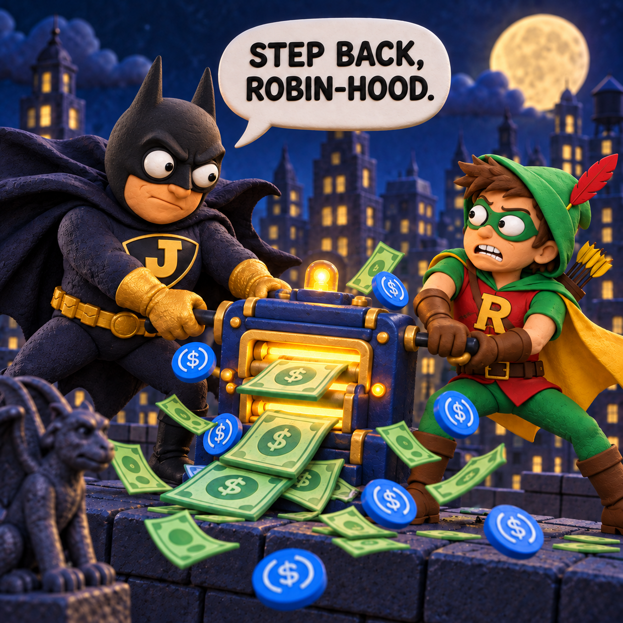 Clay BatJelemi wearing a full pointed black cowl while confronting Robinhood Chain over the money printer