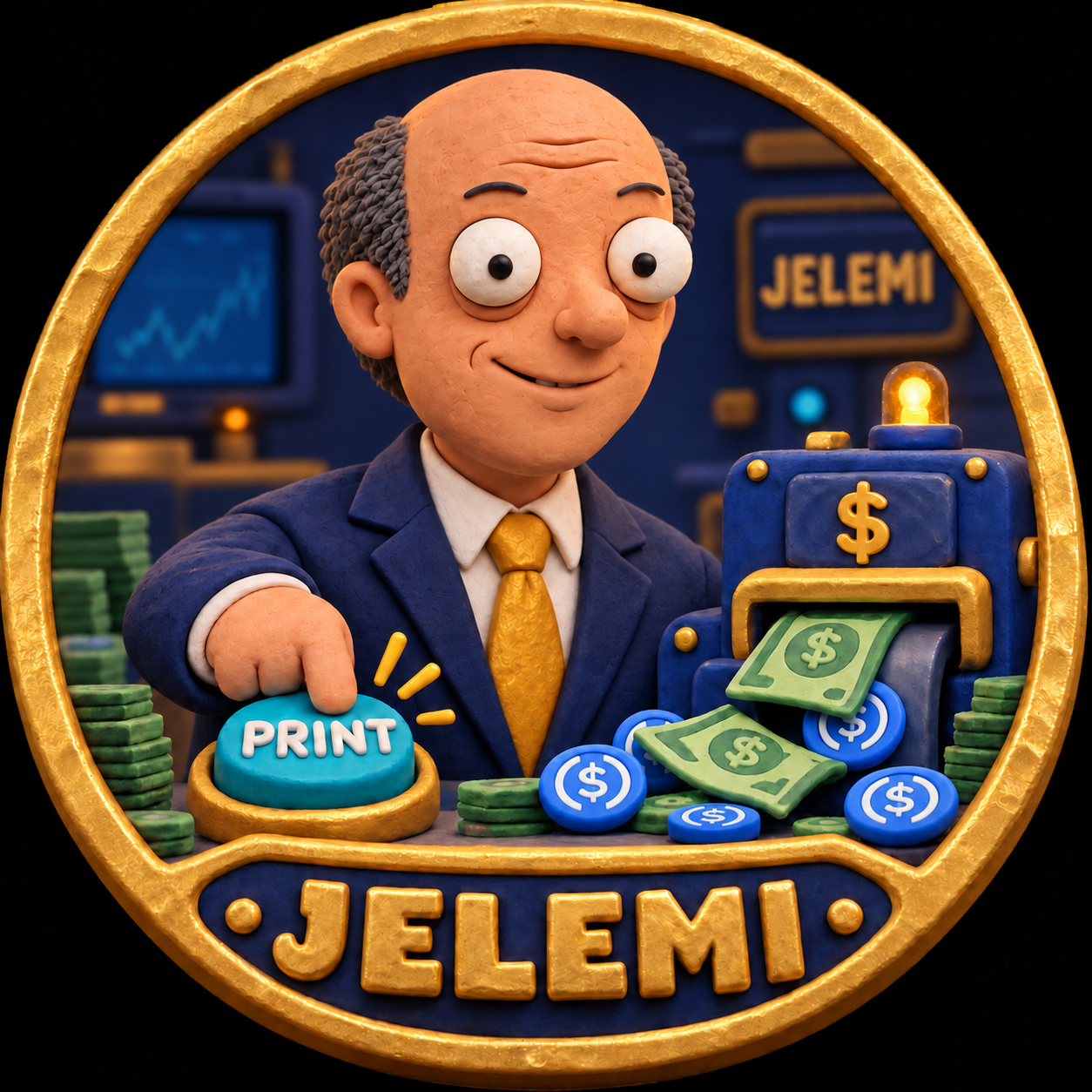 Handcrafted clay JELEMI parody coin featuring Jelemi Ollair and USDC tokens