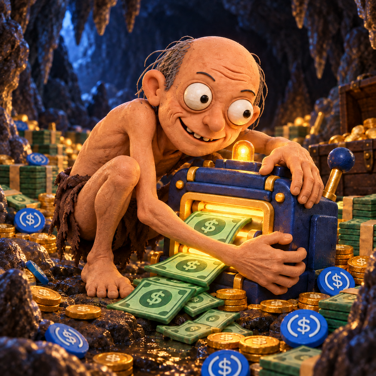 Clay Smeagol-style JELEMI guarding his precious printer in a cave