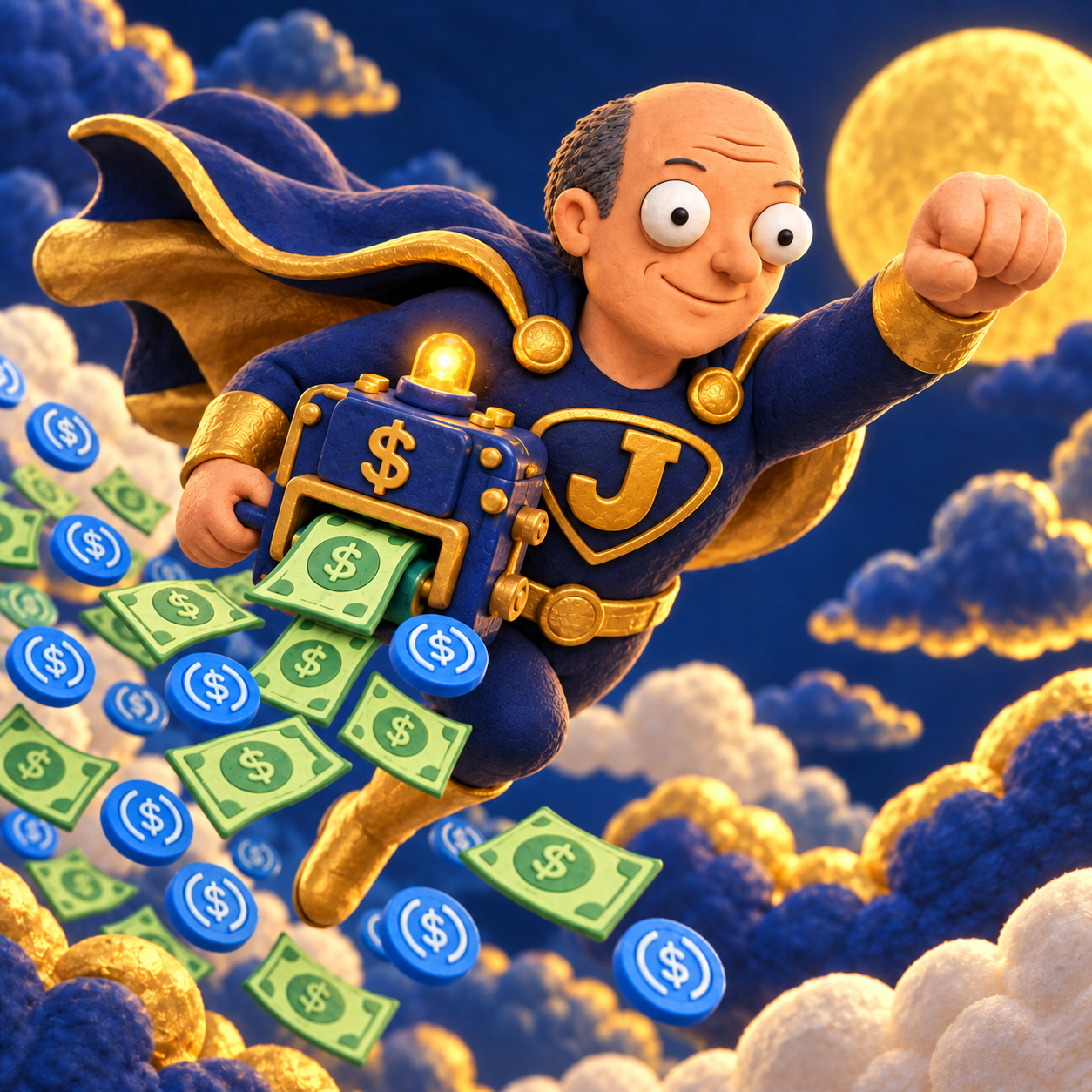 Clay Super JELEMI flying in his Super J suit with a money printer